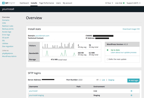 Il backend di WP Engine